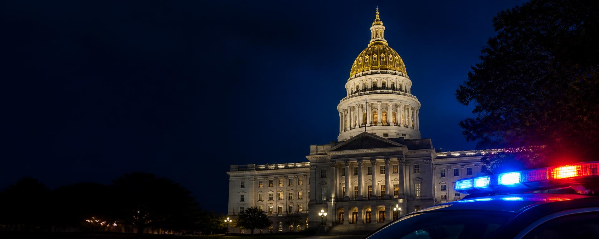 State capitol dome lit at night with police emergency lights